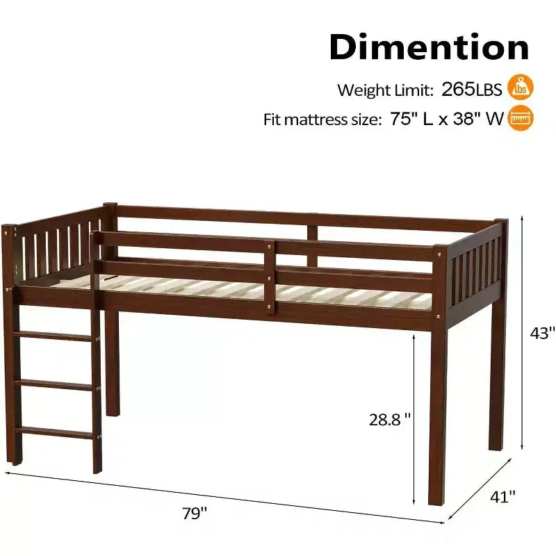 Lit mi-hauteur JOYMOR pour enfant, taille double, avec escaliers, en bois de pin, pas besoin de sommier, couleur expresso