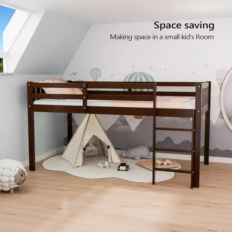 Lit mi-hauteur JOYMOR pour enfant, taille double, avec escaliers, en bois de pin, pas besoin de sommier, couleur expresso