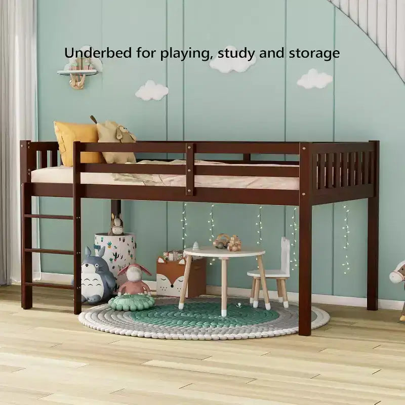 Lit mi-hauteur JOYMOR pour enfant, taille double, avec escaliers, en bois de pin, pas besoin de sommier, couleur expresso