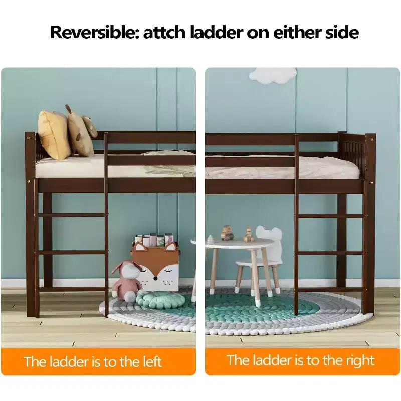 Lit mi-hauteur JOYMOR pour enfant, taille double, avec escaliers, en bois de pin, pas besoin de sommier, couleur expresso