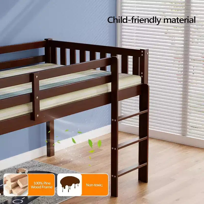 Lit mi-hauteur JOYMOR pour enfant, taille double, avec escaliers, en bois de pin, pas besoin de sommier, couleur expresso