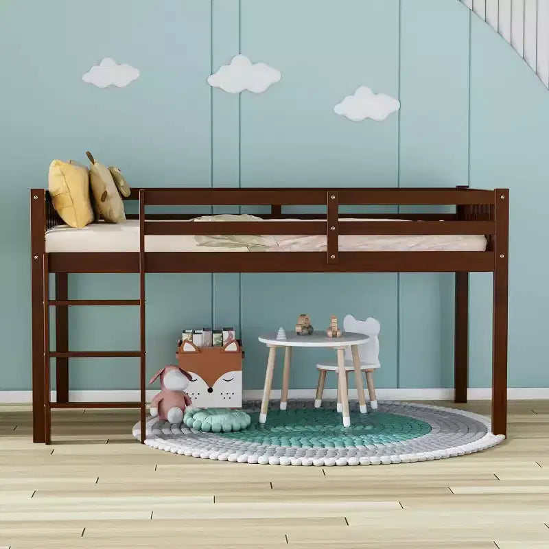 Lit mi-hauteur JOYMOR pour enfant, taille double, avec escaliers, en bois de pin, pas besoin de sommier, couleur expresso
