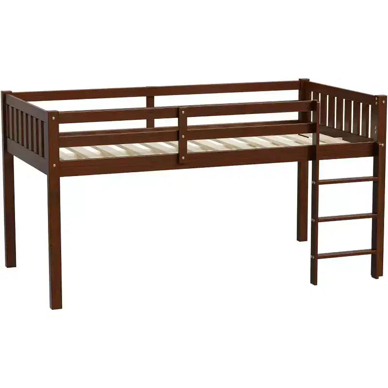 Lit mi-hauteur JOYMOR pour enfant, taille double, avec escaliers, en bois de pin, pas besoin de sommier, couleur expresso