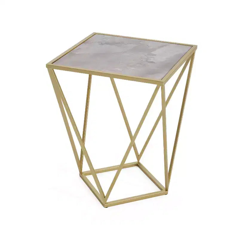 Table d'appoint Homy Casa avec cadre en fer géométrique et plateau imitation marbre, doré