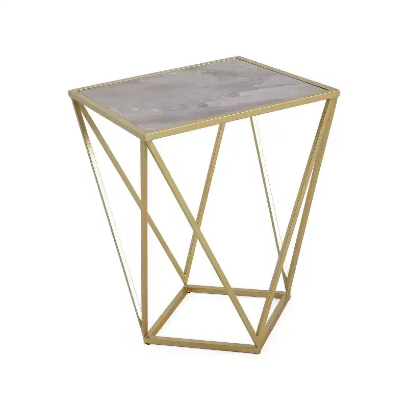 Table d'appoint Homy Casa avec cadre en fer géométrique et plateau imitation marbre, doré