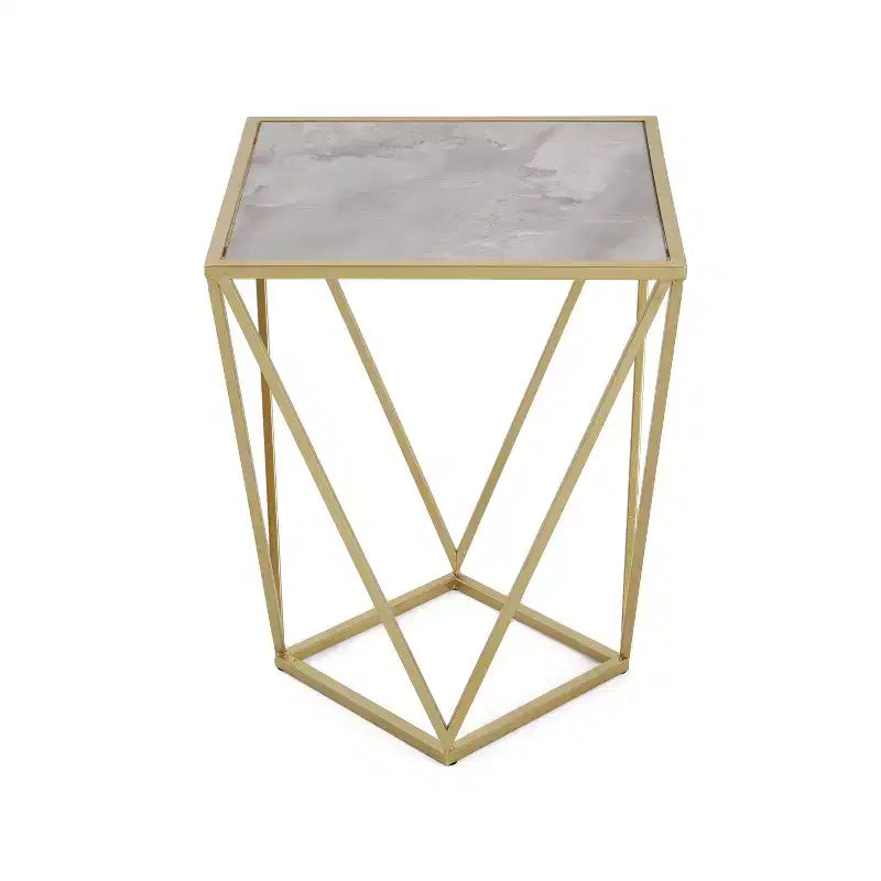 Table d'appoint Homy Casa avec cadre en fer géométrique et plateau imitation marbre, doré