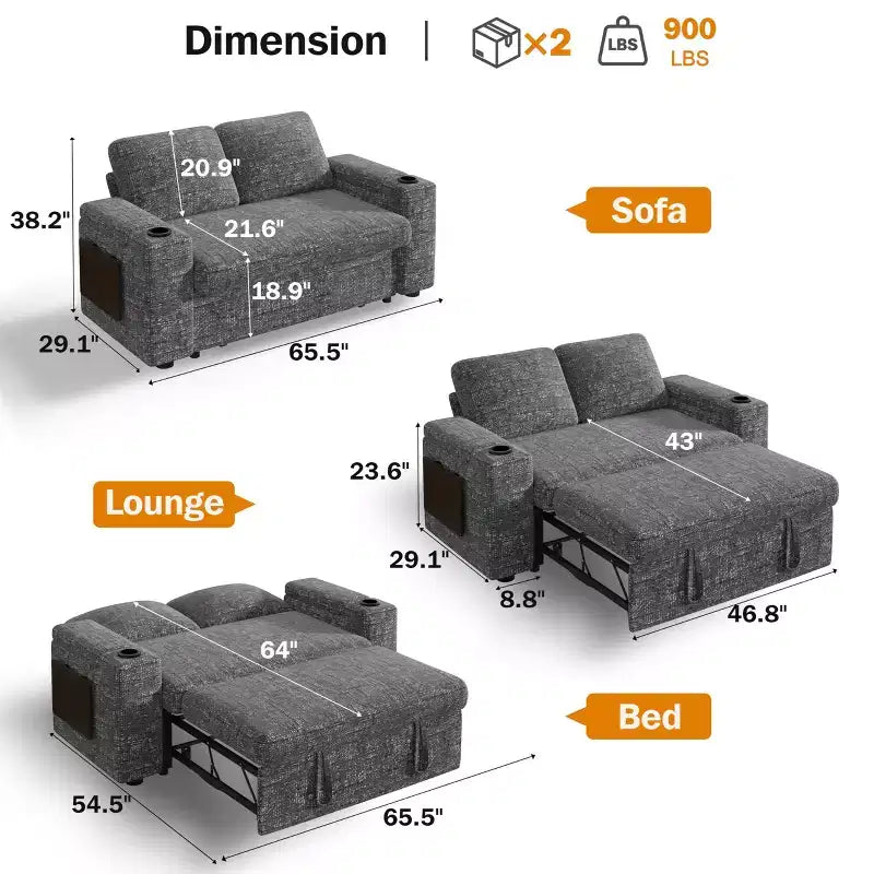Canapé-Lit Dyonery Sale 3 Modes avec Rangement et Ports de Charge - Assemblage Sans Outil, Dossier Réglable pour Petits Espaces/Appartements/Dortoirs