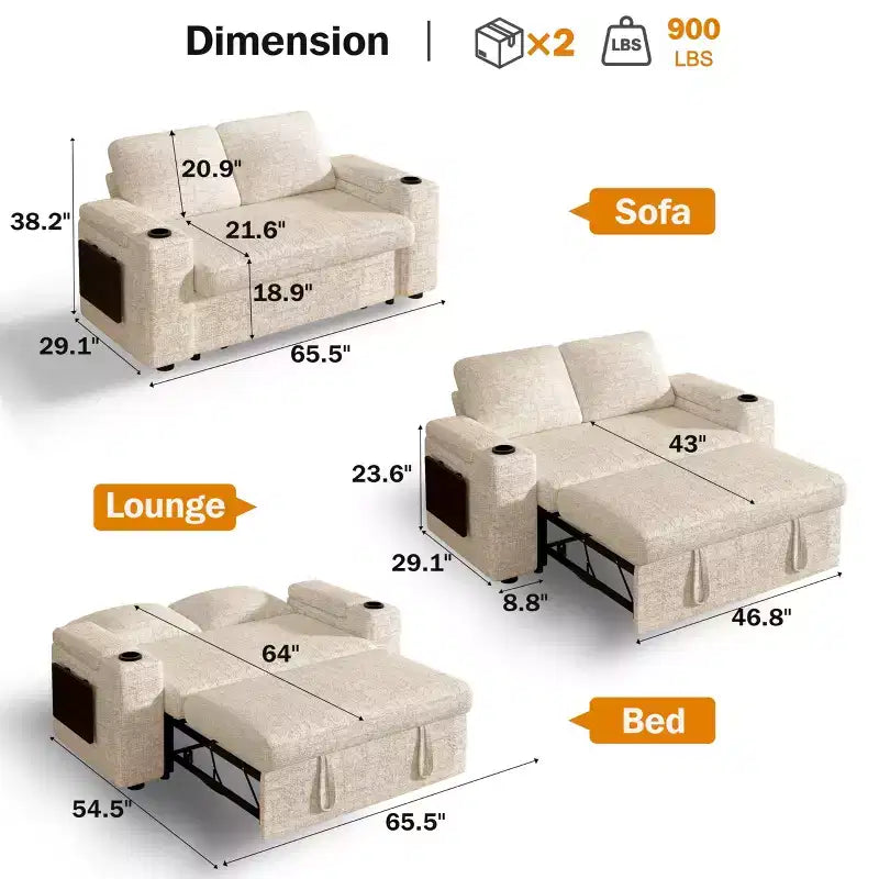 Canapé-Lit Dyonery Sale 3 Modes avec Rangement et Ports de Charge - Assemblage Sans Outil, Dossier Réglable pour Petits Espaces/Appartements/Dortoirs