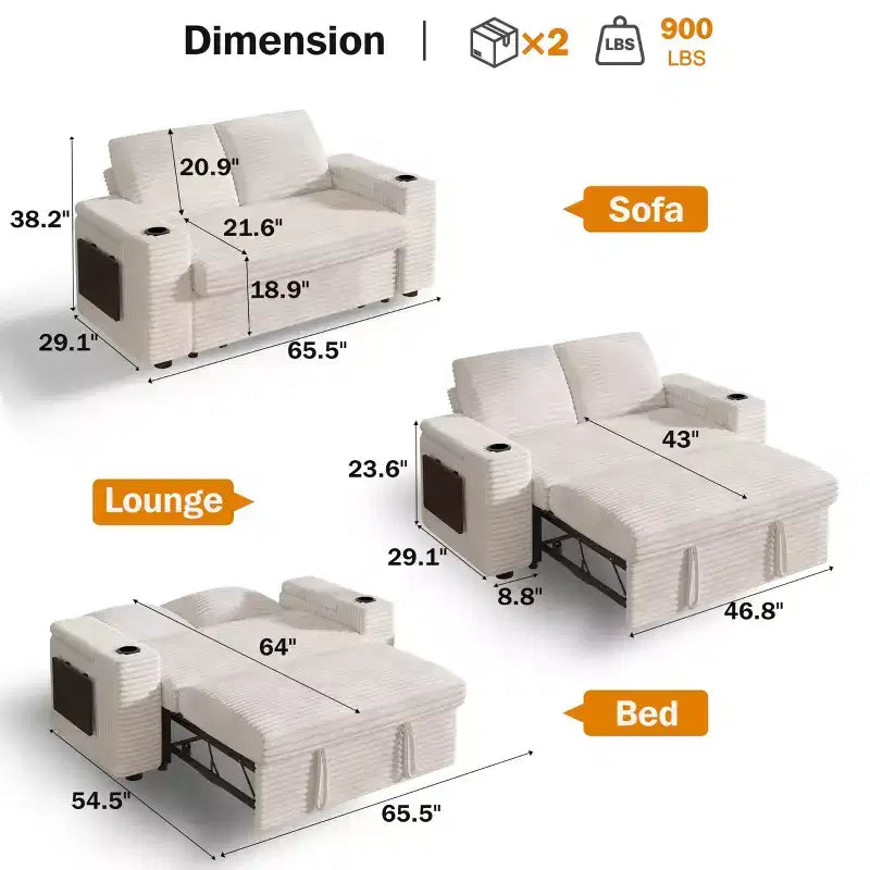 Canapé-Lit Dyonery Sale 3 Modes avec Rangement et Ports de Charge - Assemblage Sans Outil, Dossier Réglable pour Petits Espaces/Appartements/Dortoirs