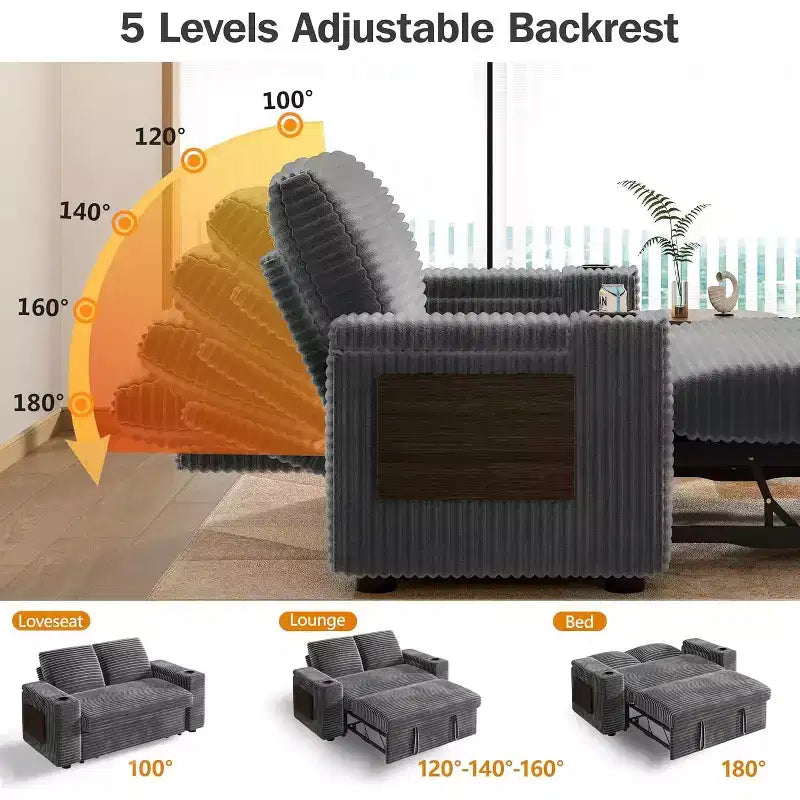 Canapé-Lit Dyonery Sale 3 Modes avec Rangement et Ports de Charge - Assemblage Sans Outil, Dossier Réglable pour Petits Espaces/Appartements/Dortoirs