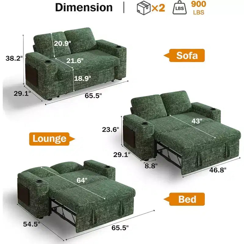 Canapé-Lit Dyonery Sale 3 Modes avec Rangement et Ports de Charge - Assemblage Sans Outil, Dossier Réglable pour Petits Espaces/Appartements/Dortoirs