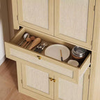 Meuble de rangement haut de 183 cm en chêne avec portes en rotin, tiroir et étagères réglables pour cuisine, salle à manger et salle de bain (1 pièce)