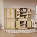 Meuble de rangement haut de 183 cm en chêne avec portes en rotin, tiroir et étagères réglables pour cuisine, salle à manger et salle de bain (1 pièce)