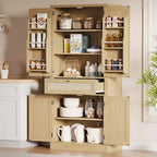 Meuble de rangement haut de 183 cm en chêne avec portes en rotin, tiroir et étagères réglables pour cuisine, salle à manger et salle de bain (1 pièce)