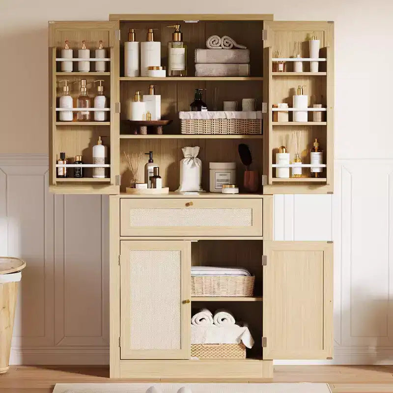 Meuble de rangement haut de 183 cm en chêne avec portes en rotin, tiroir et étagères réglables pour cuisine, salle à manger et salle de bain (1 pièce)