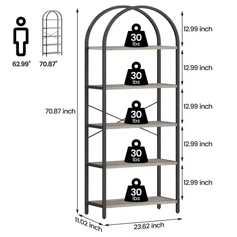 Étagère bibliothèque de 1,80 m de haut à 5 niveaux, étagère haute pour CD/livres, organiseur de rangement pour bureau à domicile, étagère moderne pour chambre et salon
