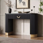 Console moderne Okak avec design à nervures verticales, table d'entrée avec 1 grand tiroir et poignée en métal, table de canapé pour salon, noir+or