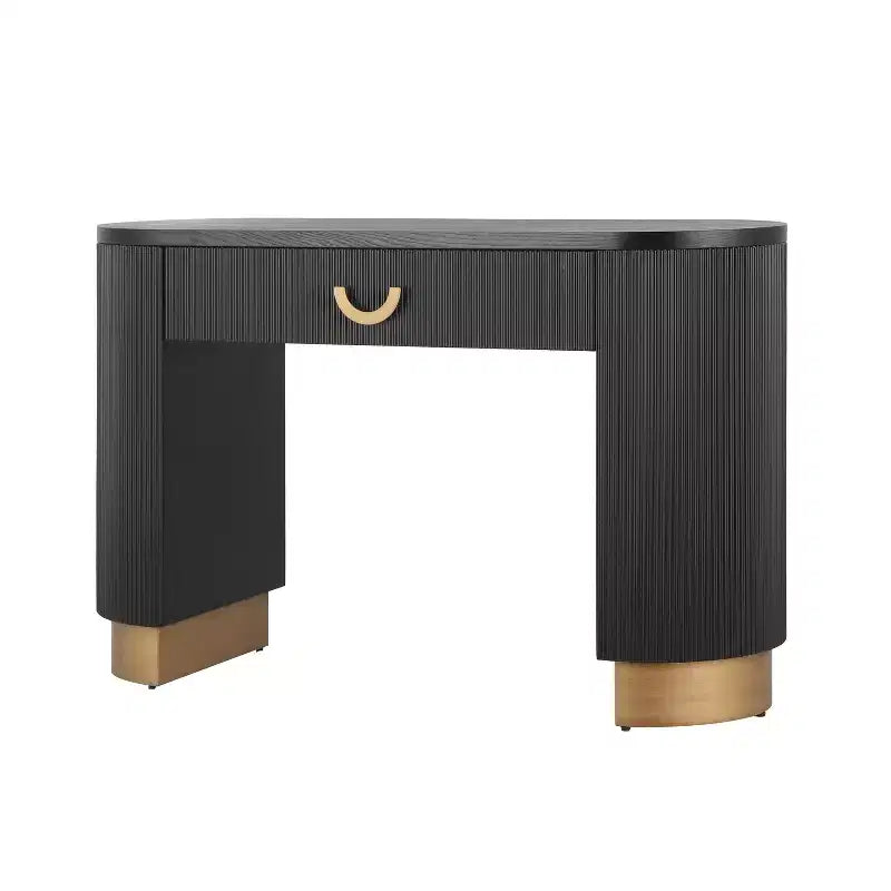 Console moderne Okak avec design à nervures verticales, table d'entrée avec 1 grand tiroir et poignée en métal, table de canapé pour salon, noir+or
