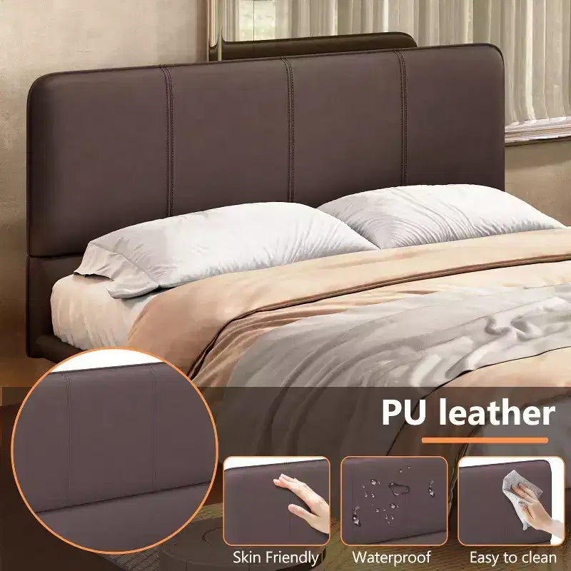 Cadre de lit flottant Okak Queen/Full avec tête de lit en cuir PU et éclairage LED, lit plateforme moderne sans sommier tapissier requis