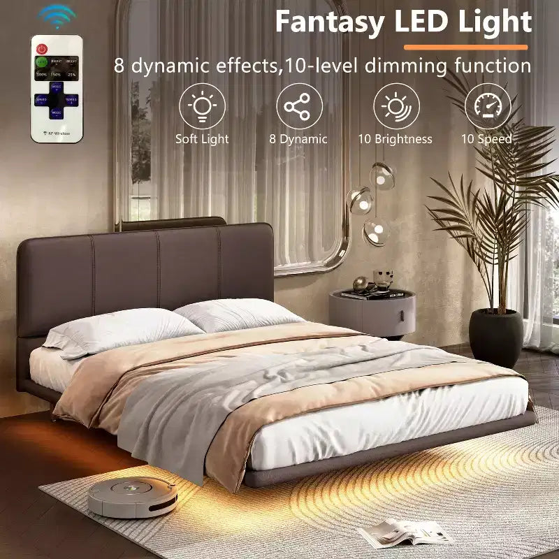 Cadre de lit flottant Okak Queen/Full avec tête de lit en cuir PU et éclairage LED, lit plateforme moderne sans sommier tapissier requis