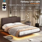 Cadre de lit flottant Okak Queen/Full avec tête de lit en cuir PU et éclairage LED, lit plateforme moderne sans sommier tapissier requis