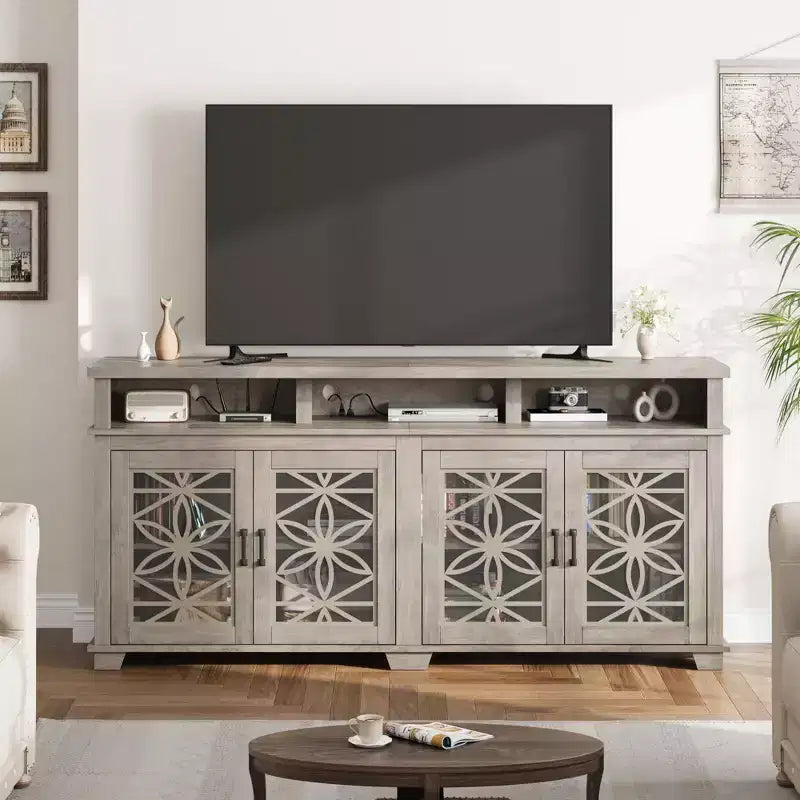 Meuble TV scandinave avec lumières LED et portes en verre, meuble de rangement en bois gris cendré pour salon et chambre