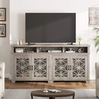 Meuble TV scandinave avec lumières LED et portes en verre, meuble de rangement en bois gris cendré pour salon et chambre