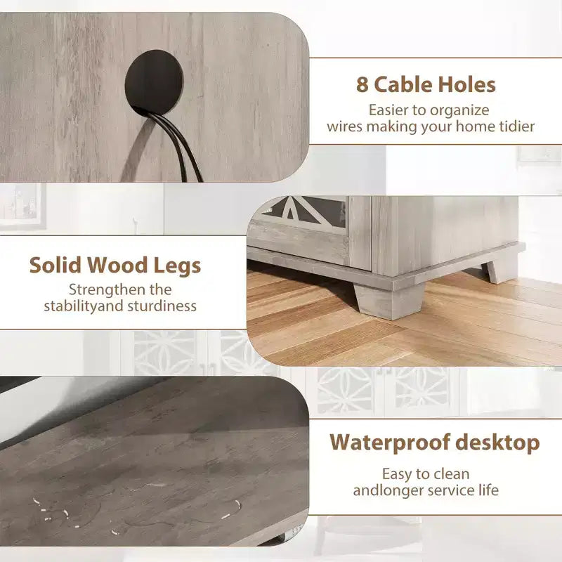Meuble TV scandinave avec lumières LED et portes en verre, meuble de rangement en bois gris cendré pour salon et chambre