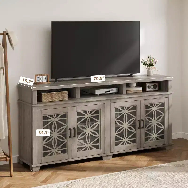 Meuble TV scandinave avec lumières LED et portes en verre, meuble de rangement en bois gris cendré pour salon et chambre