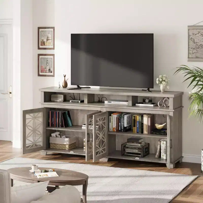 Meuble TV scandinave avec lumières LED et portes en verre, meuble de rangement en bois gris cendré pour salon et chambre