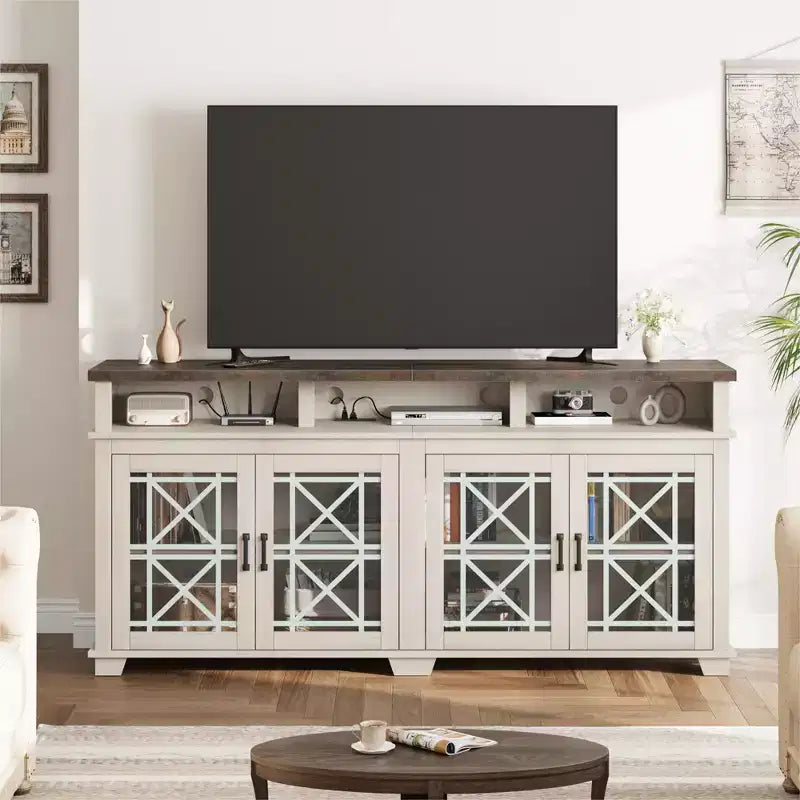 Meuble TV scandinave avec lumières LED et portes en verre, meuble de rangement en bois gris cendré pour salon et chambre