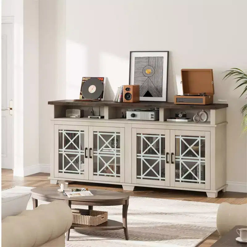 Meuble TV scandinave avec lumières LED et portes en verre, meuble de rangement en bois gris cendré pour salon et chambre