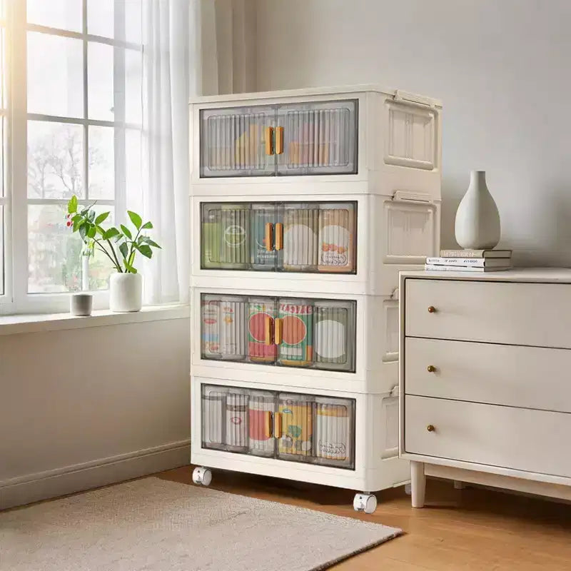 Grand bac de rangement pliable, Organisateur de rangement en plastique pliable avec roues à 360° pour chambre à coucher, salon, bureau, sans outils, 2 modes d'ouverture