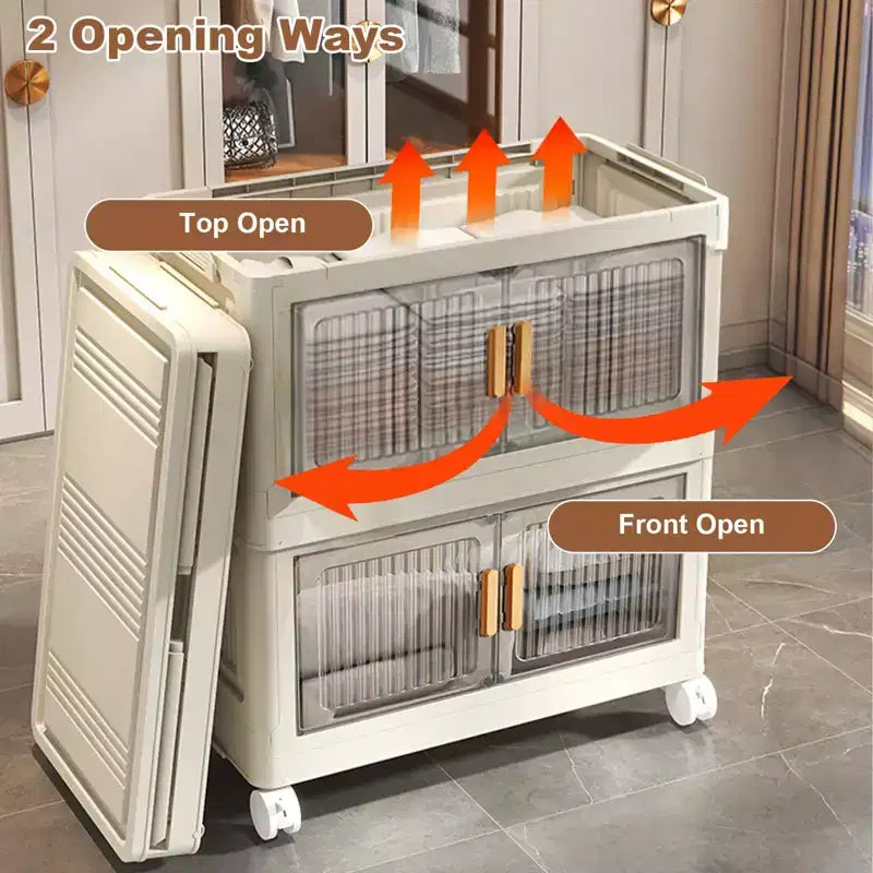 Grand bac de rangement pliable, Organisateur de rangement en plastique pliable avec roues à 360° pour chambre à coucher, salon, bureau, sans outils, 2 modes d'ouverture