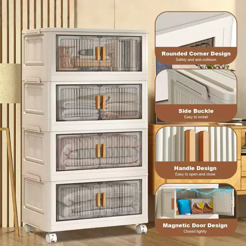 Grand bac de rangement pliable, Organisateur de rangement en plastique pliable avec roues à 360° pour chambre à coucher, salon, bureau, sans outils, 2 modes d'ouverture
