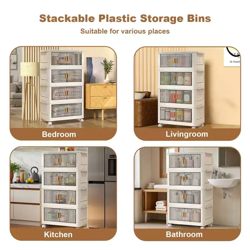 Grand bac de rangement pliable, Organisateur de rangement en plastique pliable avec roues à 360° pour chambre à coucher, salon, bureau, sans outils, 2 modes d'ouverture