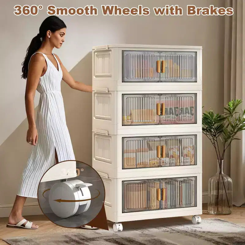 Grand bac de rangement pliable, Organisateur de rangement en plastique pliable avec roues à 360° pour chambre à coucher, salon, bureau, sans outils, 2 modes d'ouverture