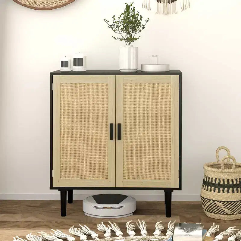 Buffet Bohème, Cabinet de Rangement 80cm avec 2 Portes en Rotin et Étagères pour Salon, Couloir