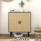 Buffet Bohème, Cabinet de Rangement 80cm avec 2 Portes en Rotin et Étagères pour Salon, Couloir