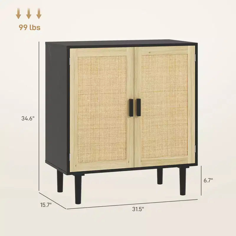 Buffet Bohème, Cabinet de Rangement 80cm avec 2 Portes en Rotin et Étagères pour Salon, Couloir