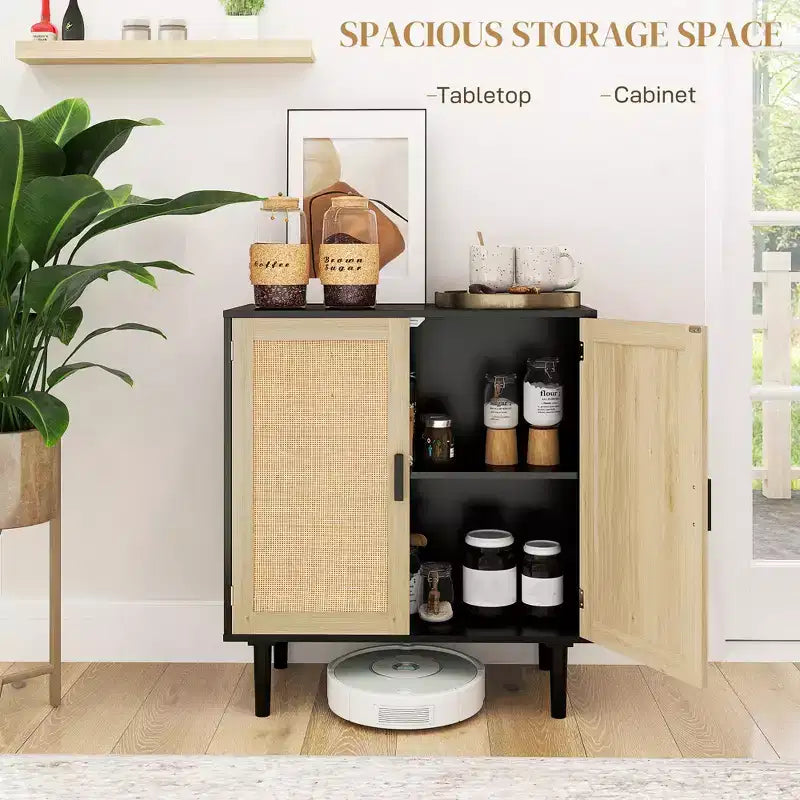 Buffet Bohème, Cabinet de Rangement 80cm avec 2 Portes en Rotin et Étagères pour Salon, Couloir