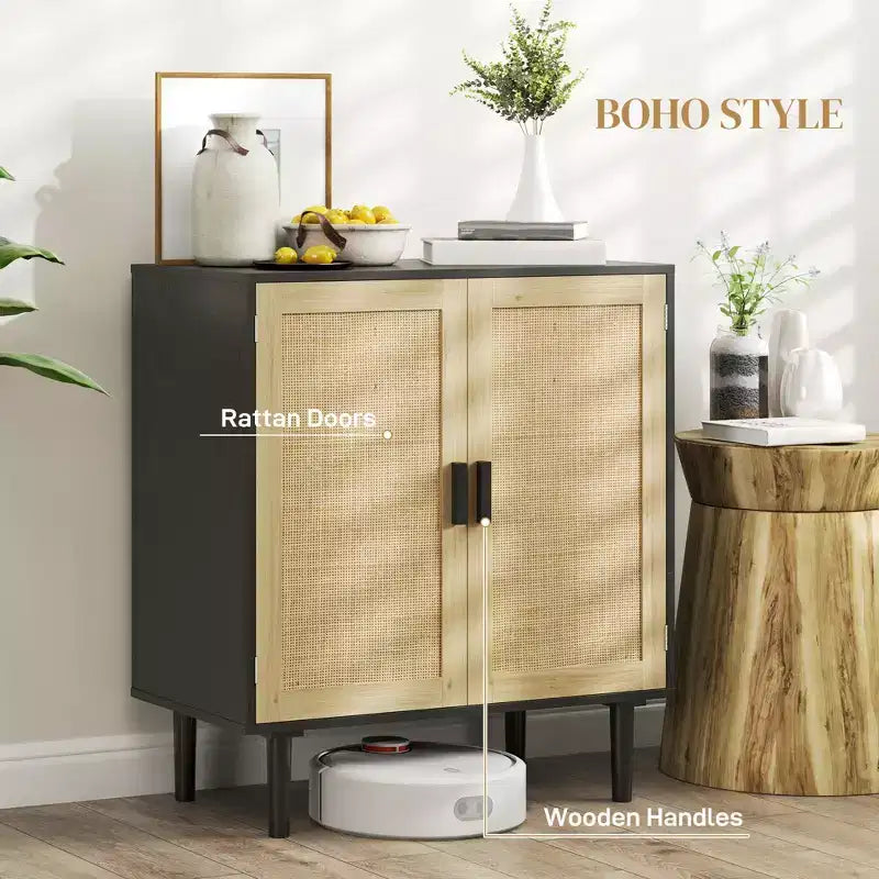 Buffet Bohème, Cabinet de Rangement 80cm avec 2 Portes en Rotin et Étagères pour Salon, Couloir