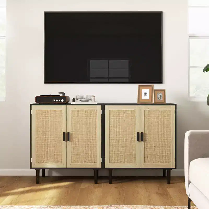 Buffet Bohème, Cabinet de Rangement 80cm avec 2 Portes en Rotin et Étagères pour Salon, Couloir