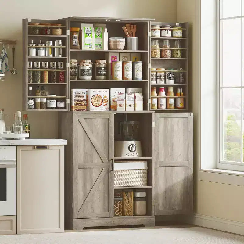Garde-manger de cuisine de ferme, armoire de garde-manger haute de 72 po avec 4 portes de grange, 4 tablettes réglables et 8 tablettes de porte Lavage