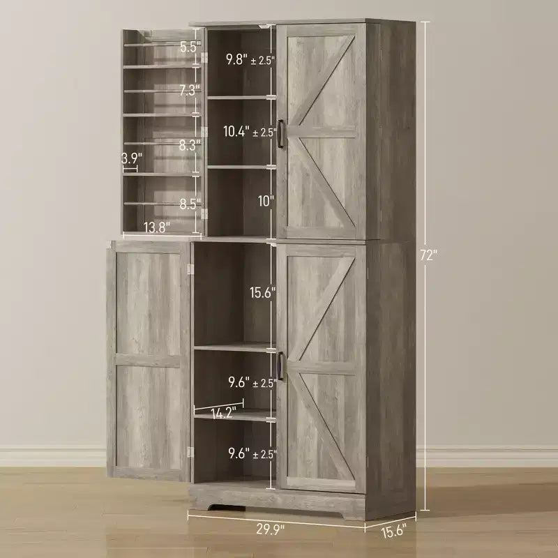 Garde-manger de cuisine de ferme, armoire de garde-manger haute de 72 po avec 4 portes de grange, 4 tablettes réglables et 8 tablettes de porte Lavage