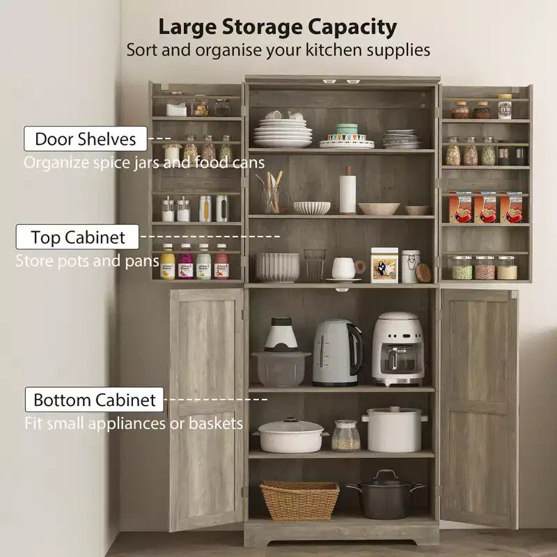 Garde-manger de cuisine de ferme, armoire de garde-manger haute de 72 po avec 4 portes de grange, 4 tablettes réglables et 8 tablettes de porte Lavage