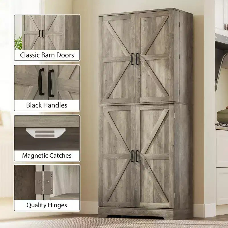 Garde-manger de cuisine de ferme, armoire de garde-manger haute de 72 po avec 4 portes de grange, 4 tablettes réglables et 8 tablettes de porte Lavage
