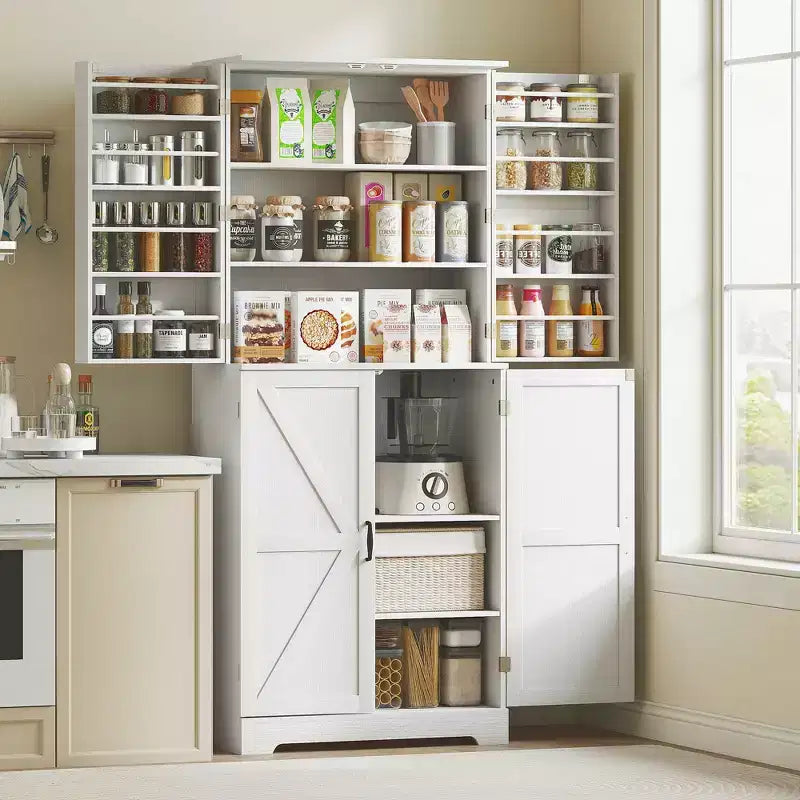 Garde-manger de cuisine de ferme, armoire de garde-manger haute de 72 po avec 4 portes de grange, 4 tablettes réglables et 8 tablettes de porte Lavage