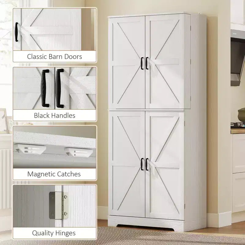 Garde-manger de cuisine de ferme, armoire de garde-manger haute de 72 po avec 4 portes de grange, 4 tablettes réglables et 8 tablettes de porte Lavage