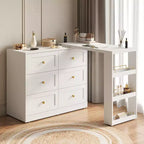 Coiffeuse d'angle extensible 6 tiroirs Heynemo avec 3 étagères latérales, coiffeuse de maquillage, table de toilette en bois pour chambre à coucher
